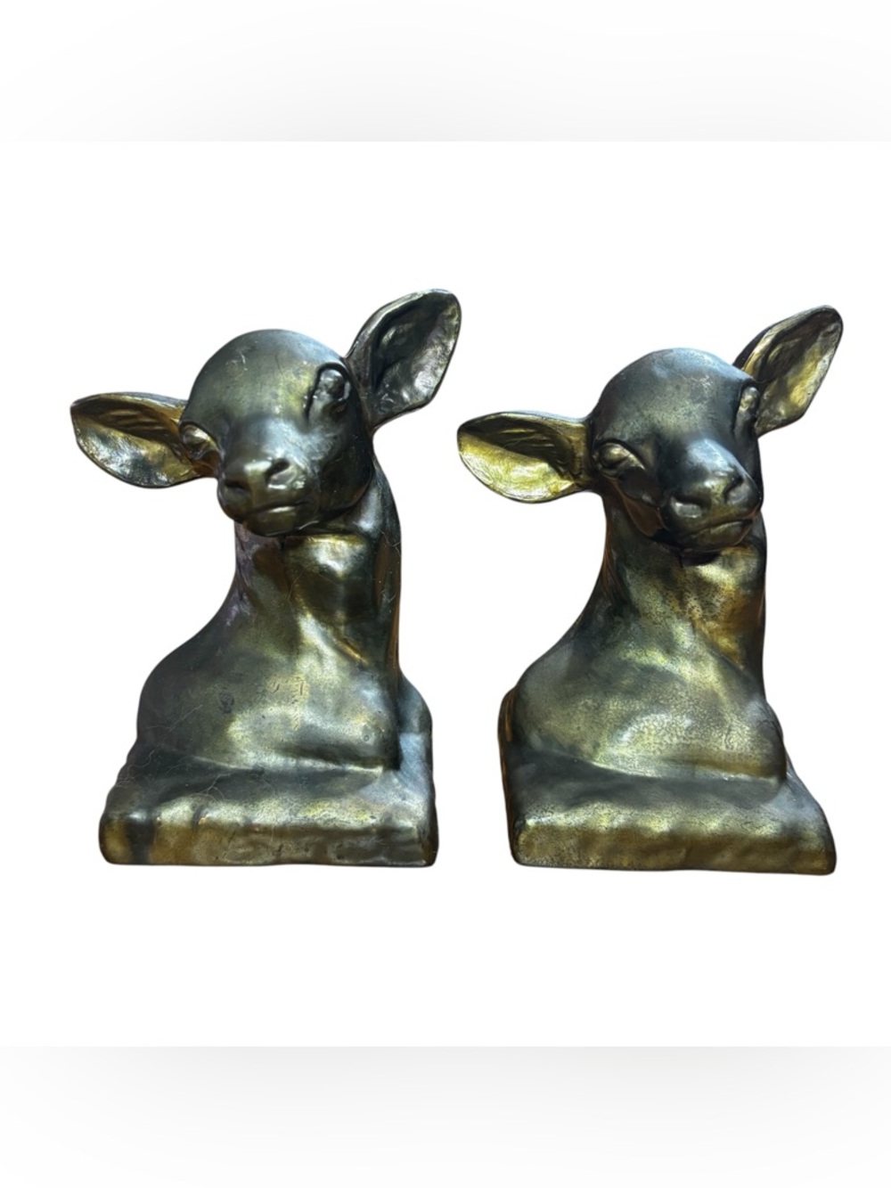 A pair of antique / vintage doe deer head form bronze bookends